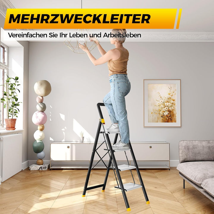 KINGRACK Trittleiter 4 Stufen Klappbar Aluminium, Klappleiter mit Handlauf, Haushaltsleiter Anti-Rut