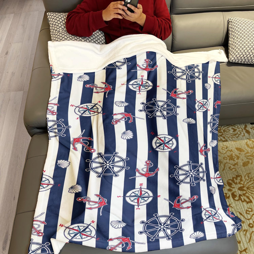 Kuscheldecke mit Maritime Streifen, Super weiches Fleece, Überwurfdecke für Bettwäsche Couch Sofa, S