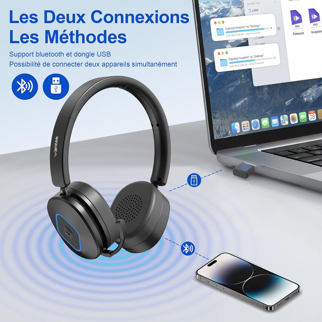 Wantek Kabelloses Headset | 2.4G/BT 6.0 Doppelmodus | 40h Akkulaufzeit | Rauschunterdrückungsmikrofo