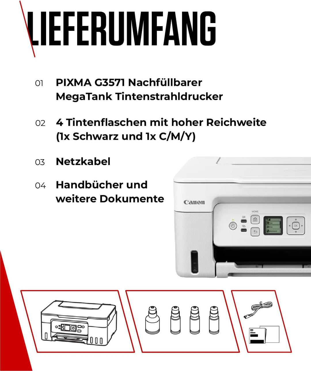 Canon PIXMA G3571 Serie – All-in-One MegaTank Drucker, Kopierer & Scanner für den Heimgebrauch | Kab