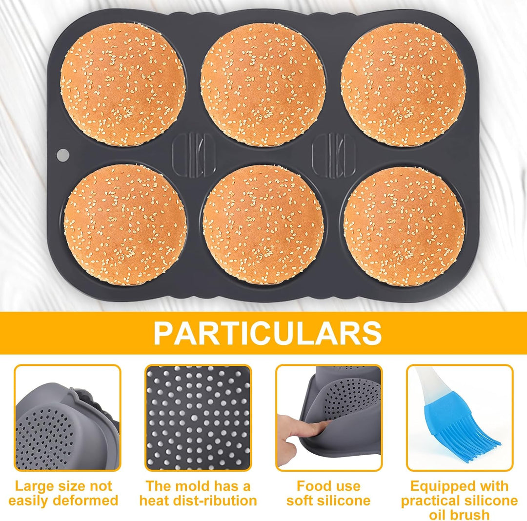 Burger Buns Backform, Brötchenbackformen Rund 10cm Ø Silikon Perforierte mit 6 Hohlräumen Brötchen B
