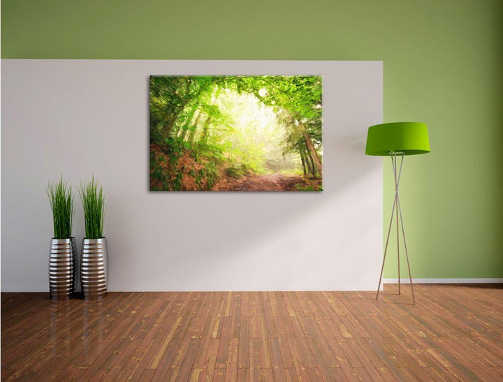 Pixxprint Sonnenstrahlen Waldweg als Leinwandbild/Grösse: 100x70 / Wandbild/Kunstdruck/fertig bespan