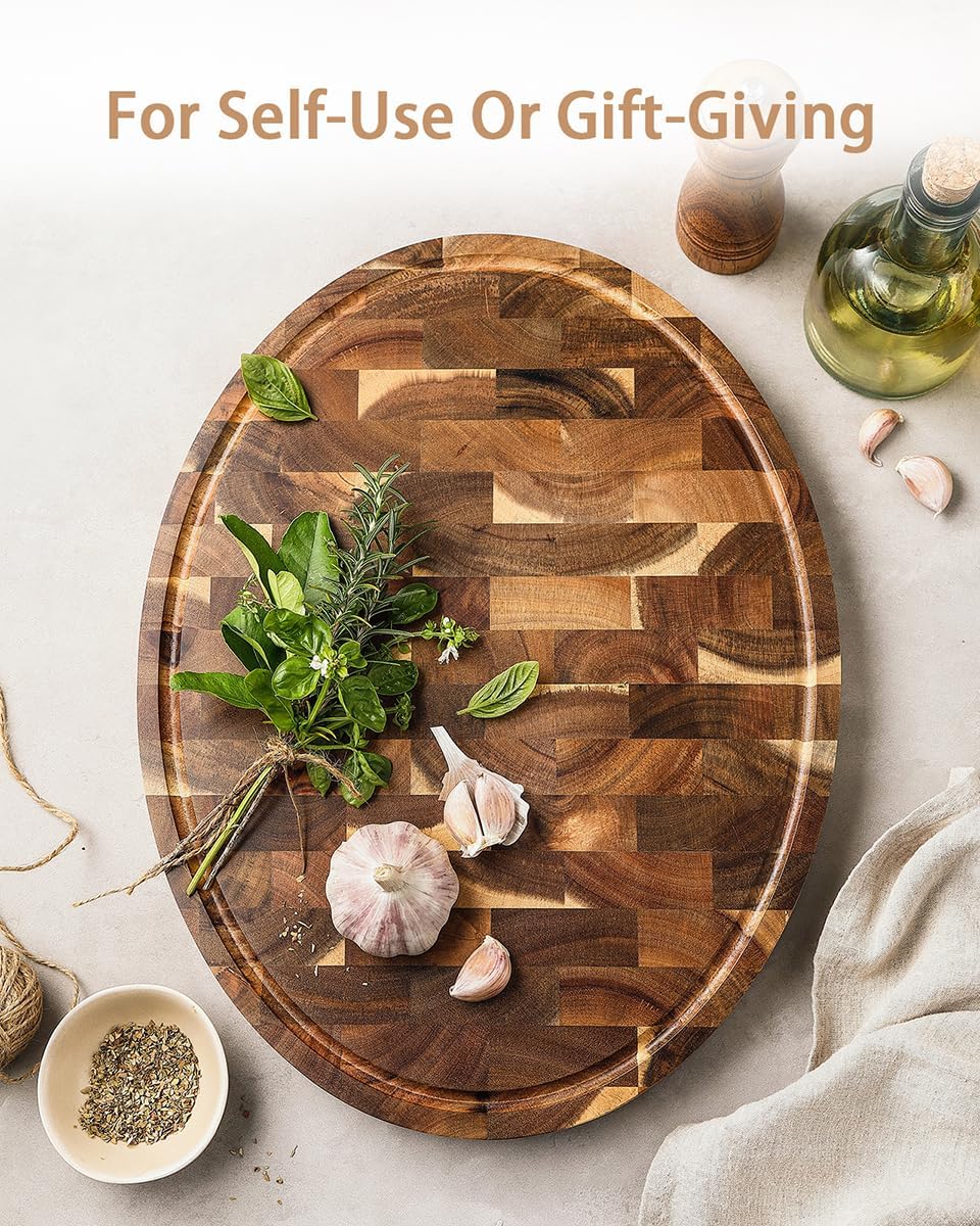 HEZHEN Akazienholz Hackbretter, Hirnholzmaserung Schneidebrett Eingebaute Saftrinne,Ovale Servierbre
