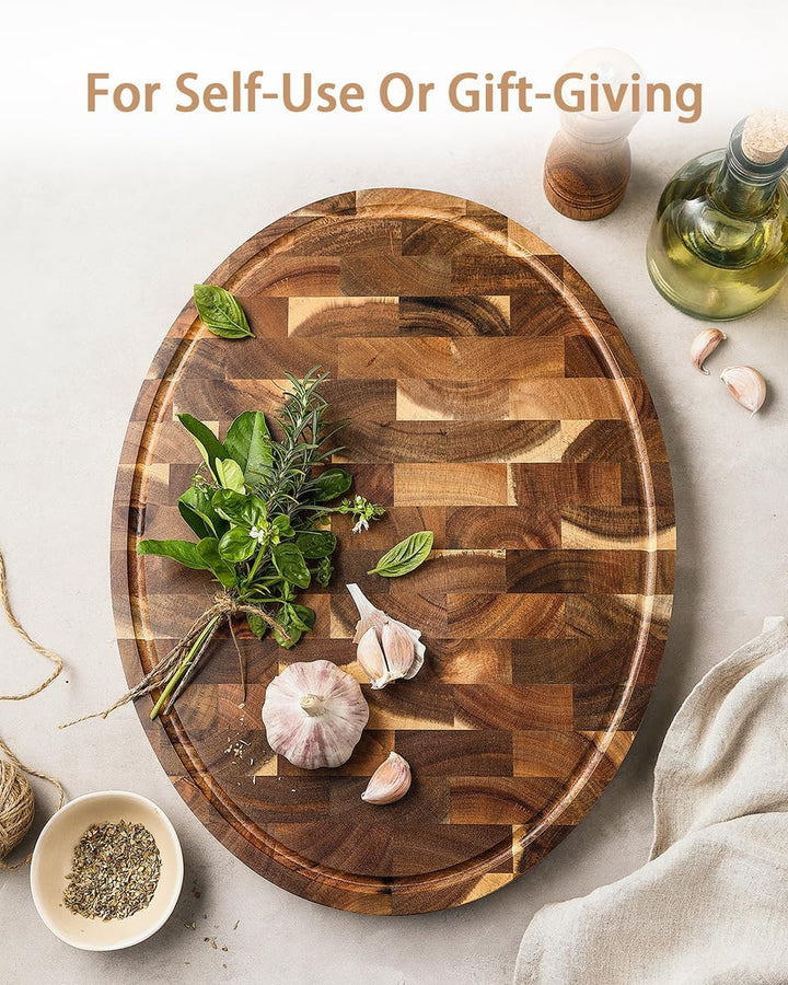 HEZHEN Akazienholz Hackbretter, Hirnholzmaserung Schneidebrett Eingebaute Saftrinne,Ovale Servierbre