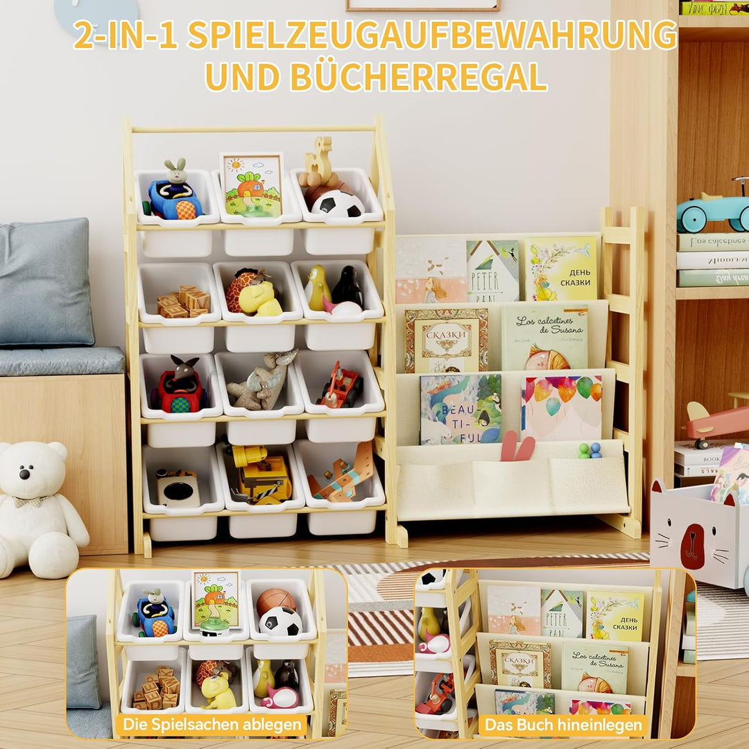 Bücherregal Kinder Spielzeug Aufbewahrung Regal Holz, mit 12 Boxen Spielzeug Regal Kinderzimmer, Mon