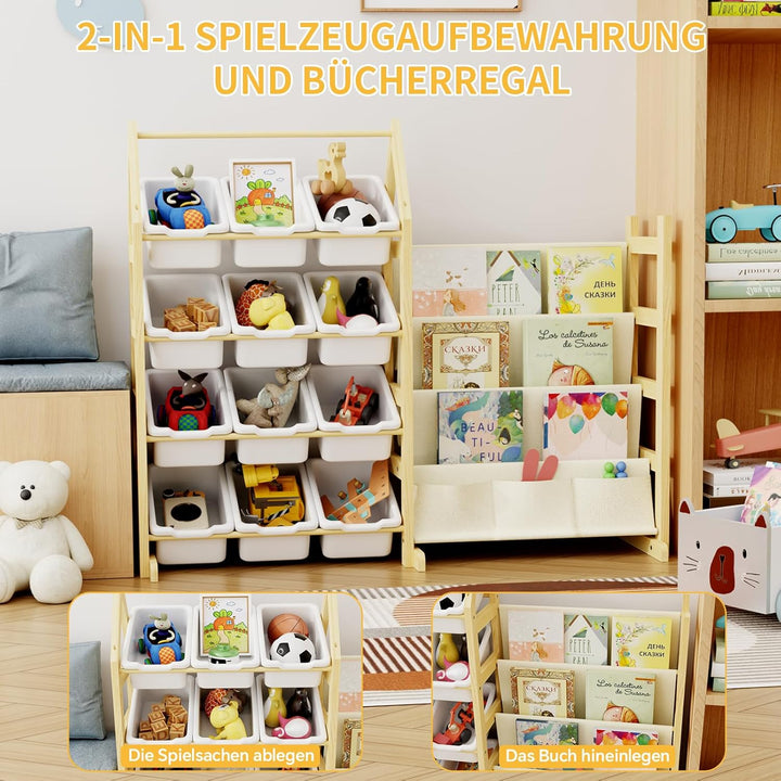 Bücherregal Kinder Spielzeug Aufbewahrung Regal Holz, mit 12 Boxen Spielzeug Regal Kinderzimmer, Mon