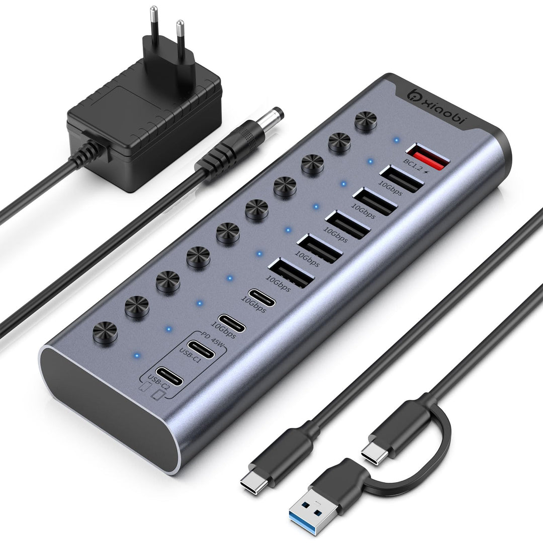 Aktiver USB-Hub, 10-Port USB-C-Hub mit 5 USB-A 3.2, 2 USB-C 3.2 und BC1.2 sowie 2 PD 45W Ladeanschlü