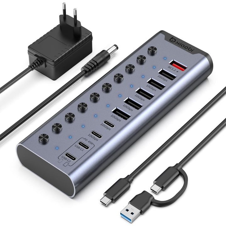 Aktiver USB-Hub, 10-Port USB-C-Hub mit 5 USB-A 3.2, 2 USB-C 3.2 und BC1.2 sowie 2 PD 45W Ladeanschlü