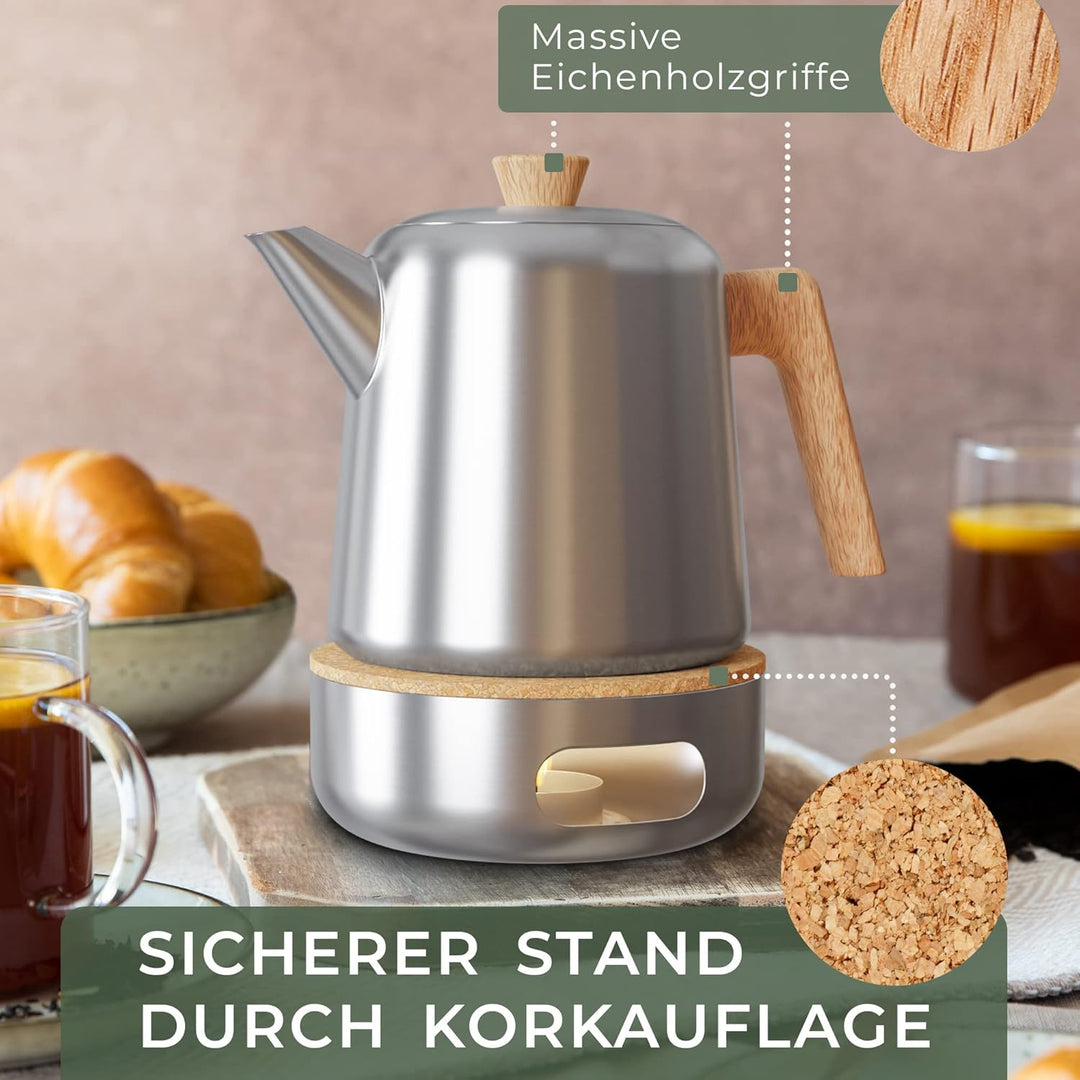 WALDWERK Teekanne mit Stövchen (1,1L) - Edelstahl mit Siebeinsatz - Tropffrei - Griffen aus Eichenho