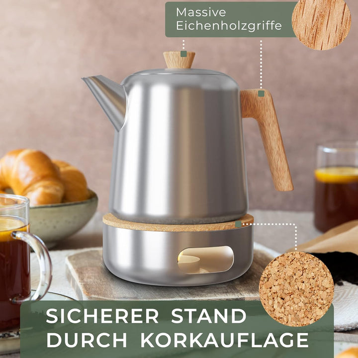 WALDWERK Teekanne mit Stövchen (1,1L) - Edelstahl mit Siebeinsatz - Tropffrei - Griffen aus Eichenho