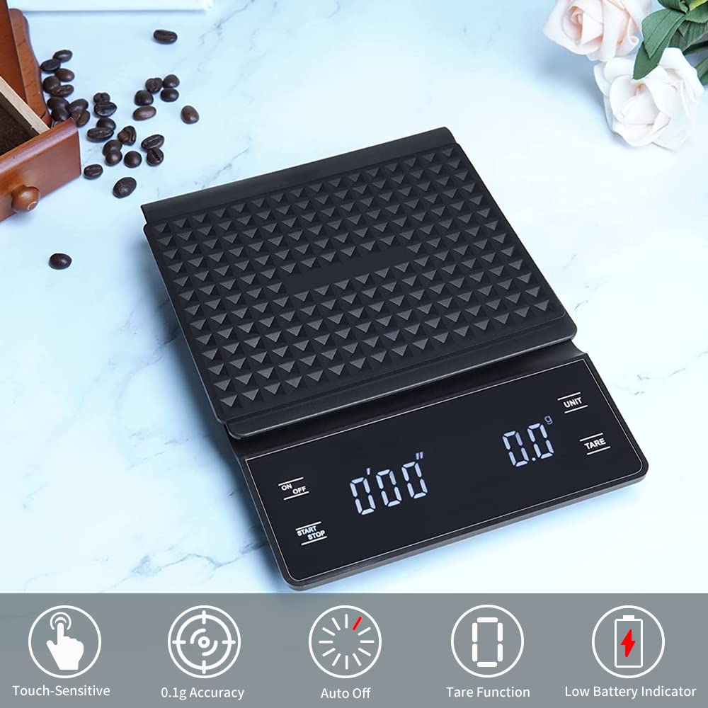 Kaffeewaage mit Timer, 3kg/0.1g Kaffeewaage Elektronische Küchenwaage, Digitale Kaffee Skala mit LED