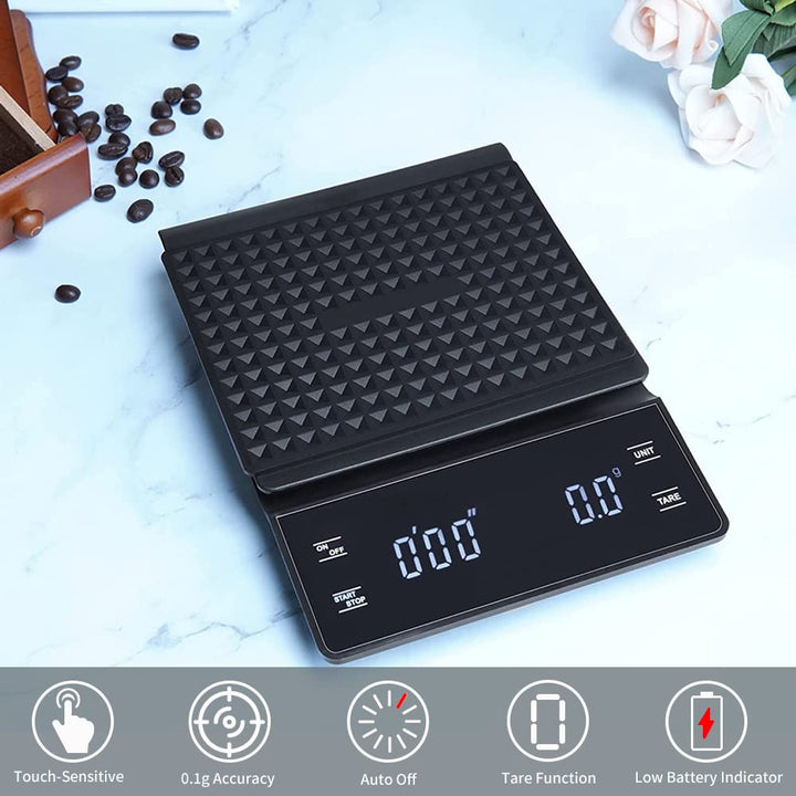 Kaffeewaage mit Timer, 3kg/0.1g Kaffeewaage Elektronische Küchenwaage, Digitale Kaffee Skala mit LED