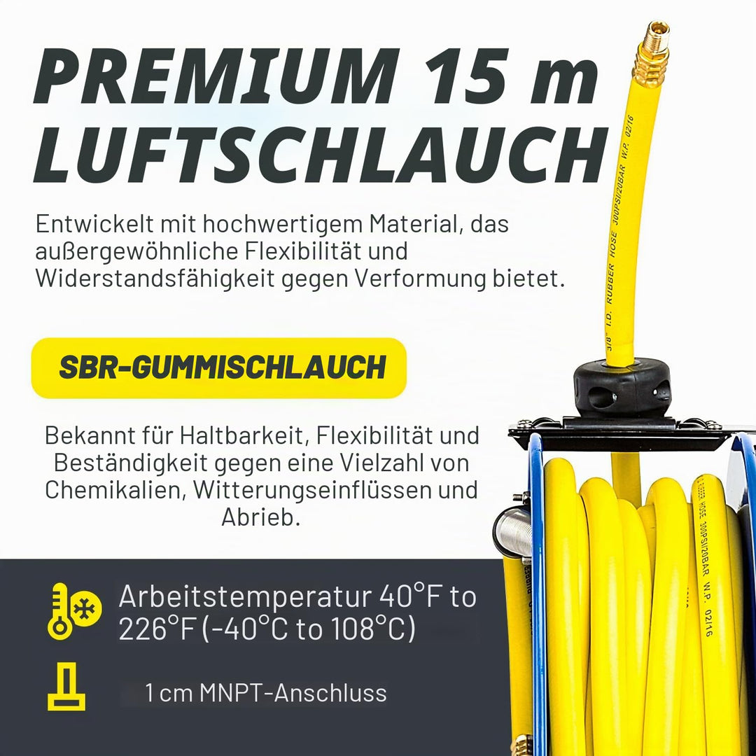 Goodyear Schlauchtrommel Stahl Einziehbare Air Compressor Schlauchaufroller mit 9,5mm × 15m schlauch