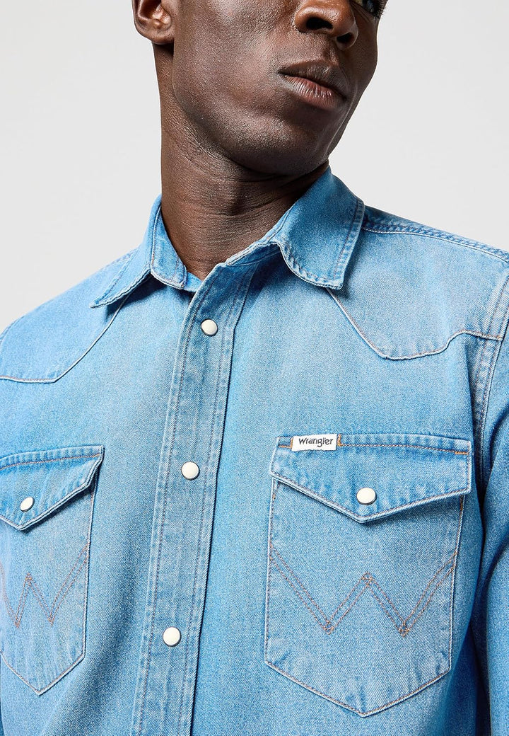 Wrangler Herren Western-Arbeitshemd, langärmelig, mit Druckknöpfen, verwaschenes Finish Hemd XXS Mid