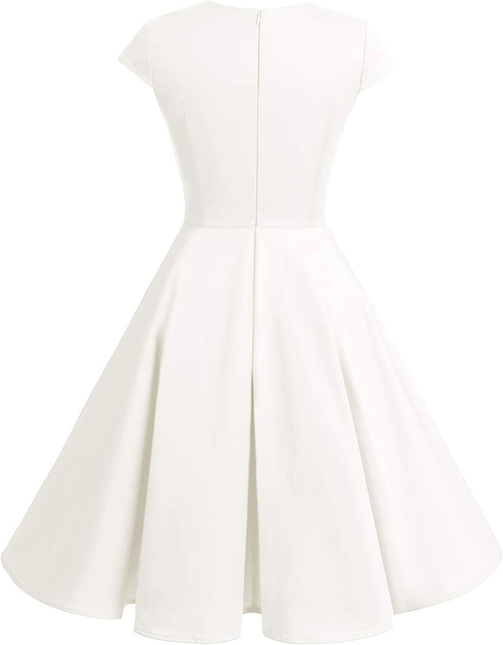Bbonlinedress 1950er Vintage Retro Cocktailkleid Rockabilly V-Ausschnitt Faltenrock M White (Creme),