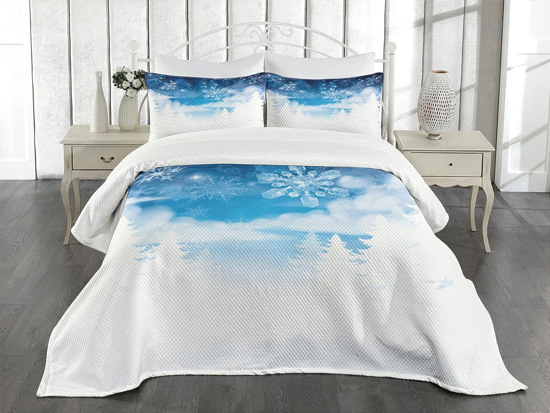 ABAKUHAUS Winter Tagesdecke Set, Schneeflocken und Sterne, Set mit Kissenbezügen Maschienenwaschbar,