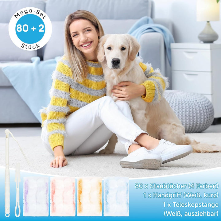 80 Stück für Swiffer Staubmagnet Nachfüllpack, Duster Staubwedel mit 1 Handgriff, 1 Teleskopstange,