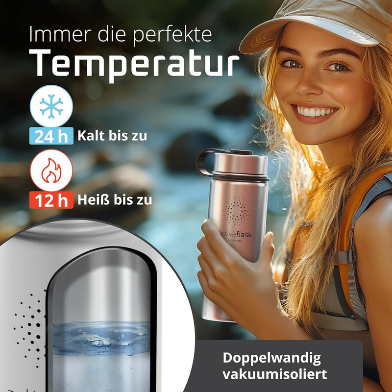 Trinkflasche Edelstahl ACTIVE FLASK + Strohhalm (3 Deckel) BPA-frei, Auslaufsicher, Kohlensäure geei