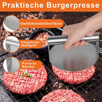 W&H Smash Burger Set aus Edelstahl, Burger Smasher Set 4-TLG. inkl. Burgerpresse, Grillspachtel, Bur