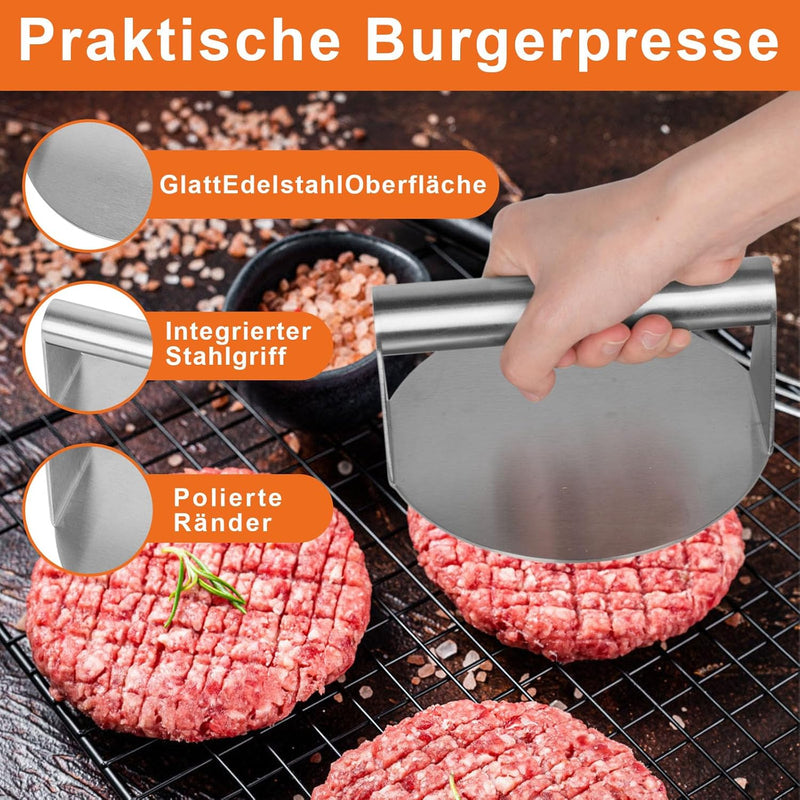 W&H Smash Burger Set aus Edelstahl, Burger Smasher Set 4-TLG. inkl. Burgerpresse, Grillspachtel, Bur