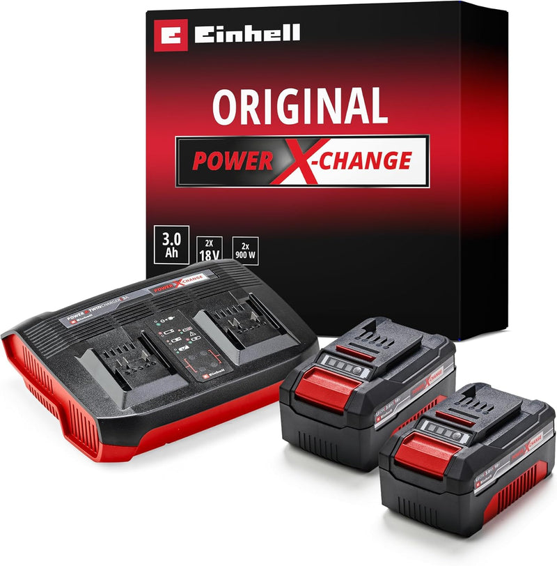 Original Einhell Starter Kit 2x 3,0 Ah Akkus und Twincharger Power X-Change (Li-Ion, 18 V, 60 min La