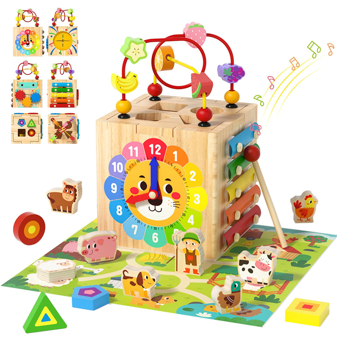 XIAPIA Montessori Aktivitätswürfel ab 1 Jahr, 7-in-1 Baby Lernspielzeug aus Holz mit Xylophon Sortie