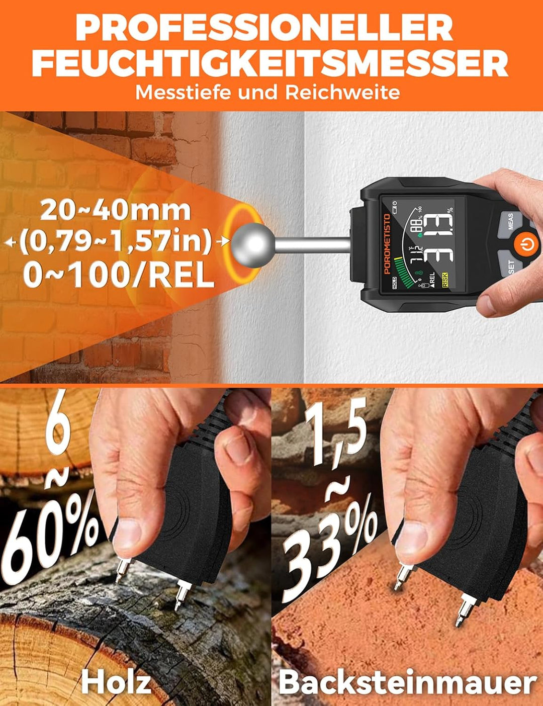 2 IN 1 Wand Feuchtigkeitsmessgerät WTS01Pro,20-40mm,Pin&Pinless Feuchtemessgerät mit Ein-Knopf-Kalib