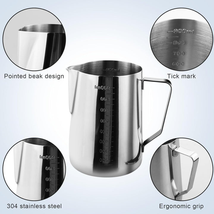 Milchkännchen, 900 ml, Edelstahl, Silber, Modern, Schablonierte Graduierung, Perfekt für Barista, Ca
