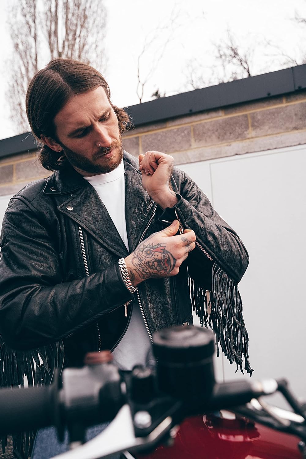 Texpeed Marlon Brando Fransen Quasten Chopper Motorrad lederjacke herren mit protektoren - Mit Origi