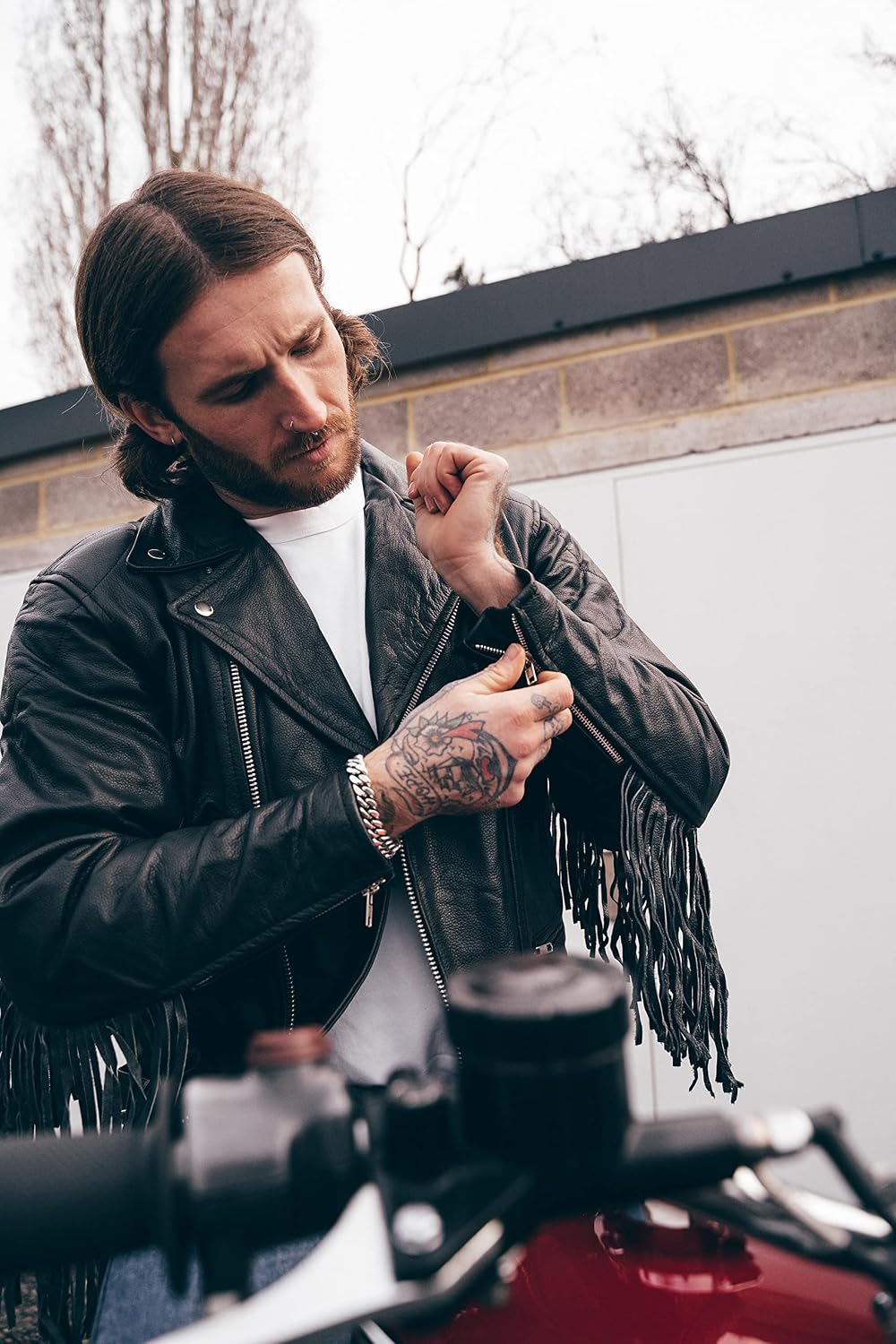 TEXPEED Marlon Brando Fransen Quasten Chopper Motorrad lederjacke herren mit protektoren - Mit Origi
