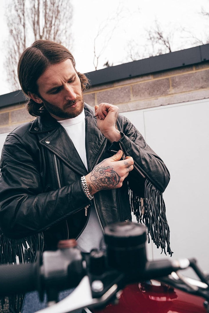 TEXPEED Marlon Brando Fransen Quasten Chopper Motorrad lederjacke herren mit protektoren - Mit Origi