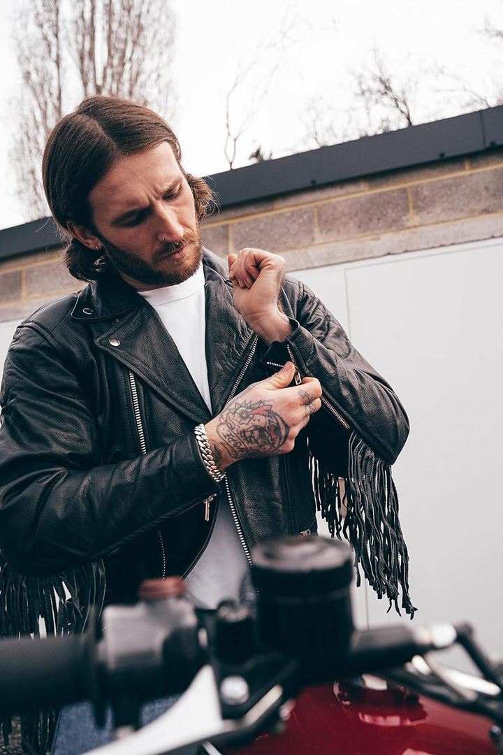 TEXPEED Marlon Brando Fransen Quasten Chopper Motorrad lederjacke herren mit protektoren - Mit Origi