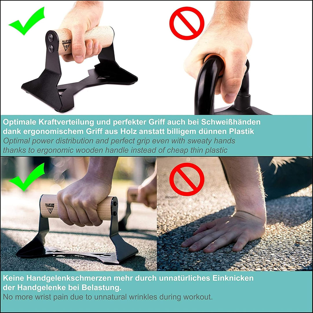 PULLUP & DIP Fitness Equipment Set - Liegestützgriffe mit ergonomischem Holz Griff, Bauchroller mit