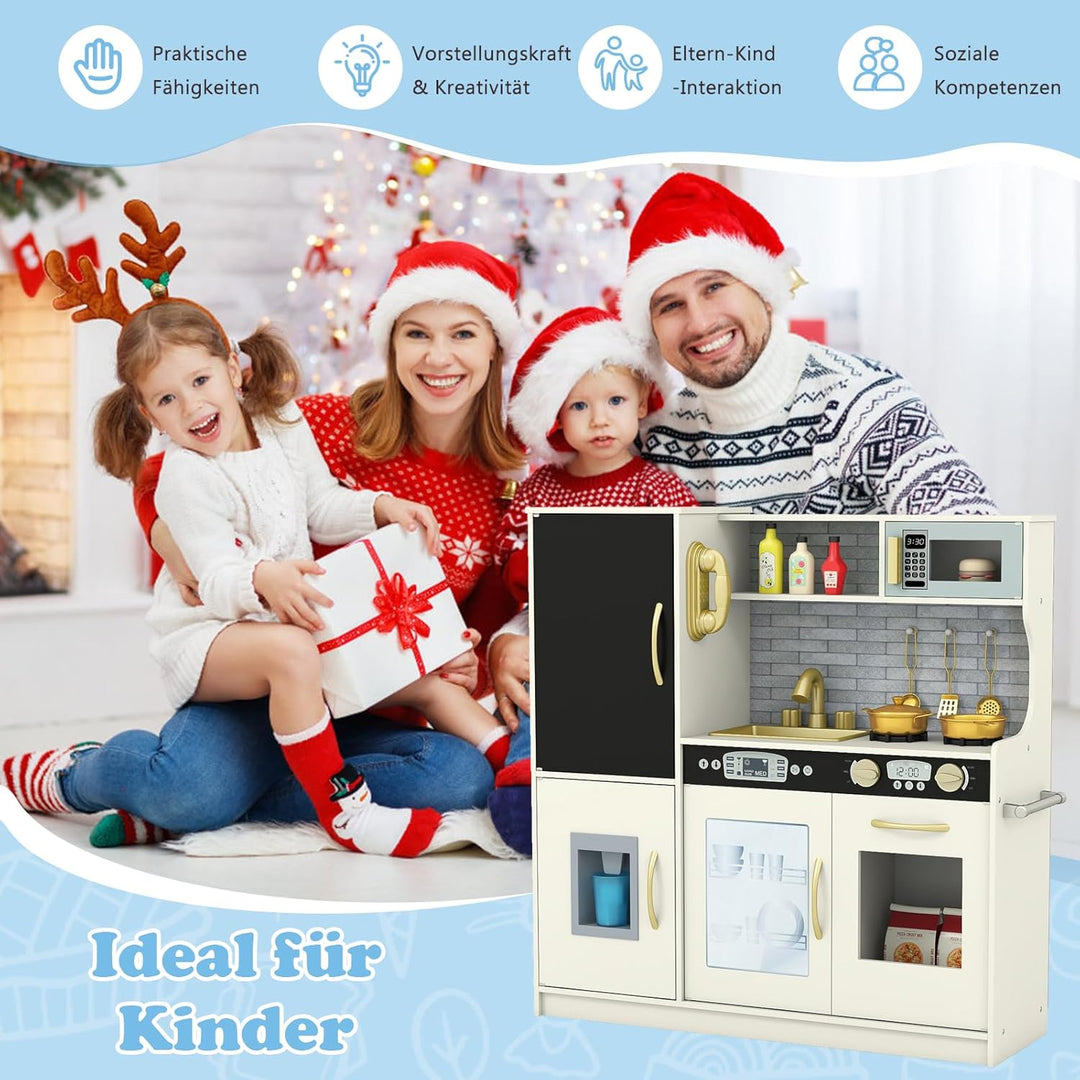 GOPLUS Kinderküche aus Holz, Kinderspielküche mit Mikrowellen, Backofen, Wasserbecken, Kreidetafel &
