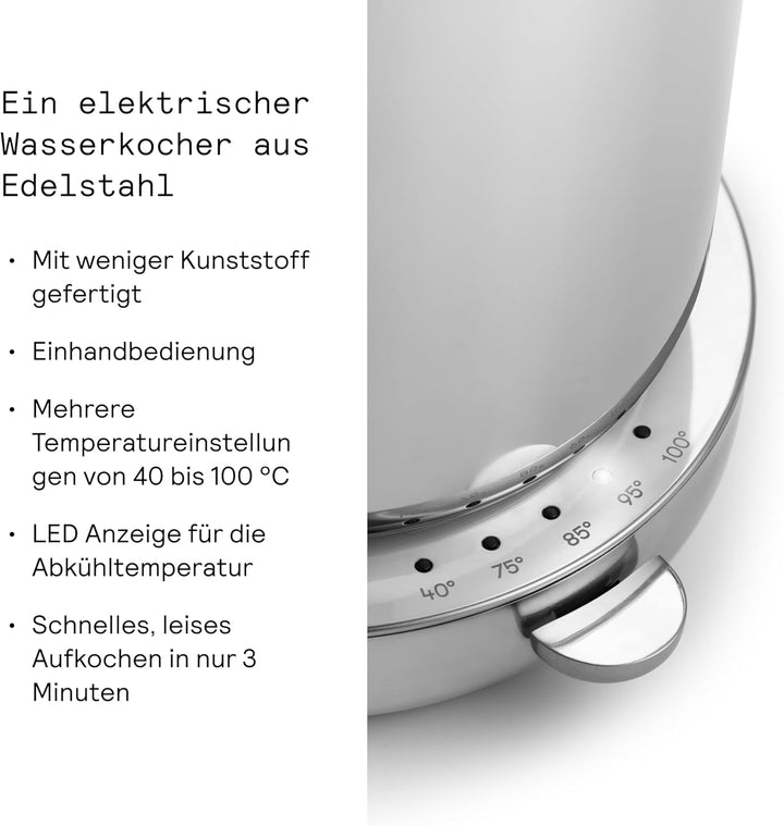 Aarke Wasserkocher aus Edelstahl mit mehreren Temperatureinstellungen, 360° drehbarem Sockel, leisem