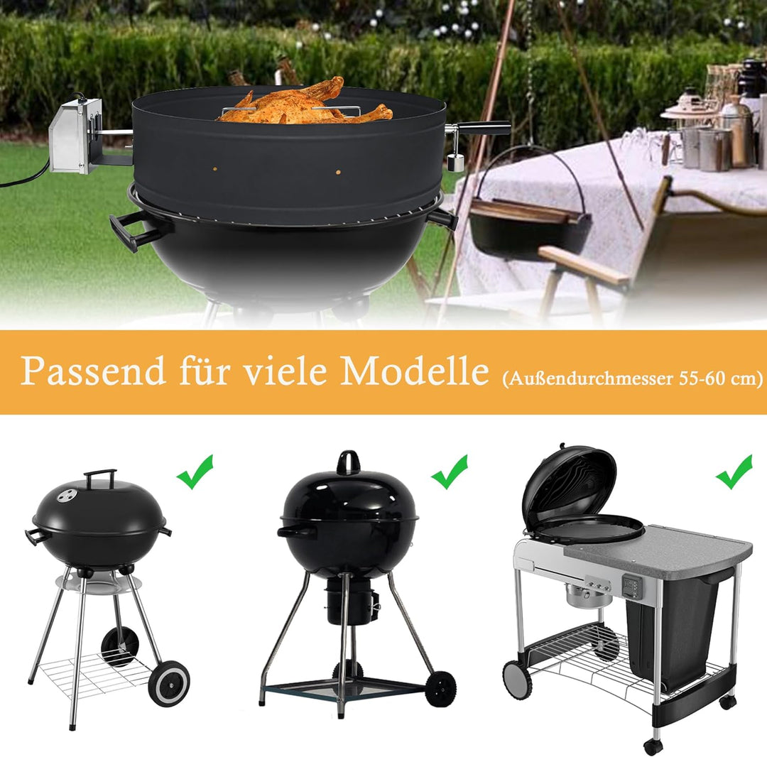 YUENFONG Drehspiess mit Motor Universal Grillspiess-Aufsatz Set für Kugelgrill, Grillspiess aus Edel