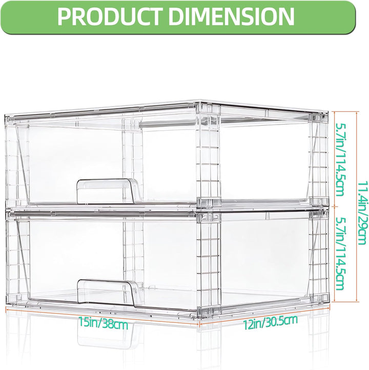 2er Set Breite Stapelbare Aufbewahrungsschubladen für Bad und Küche, Hochfeste Klare Acryl Organizer