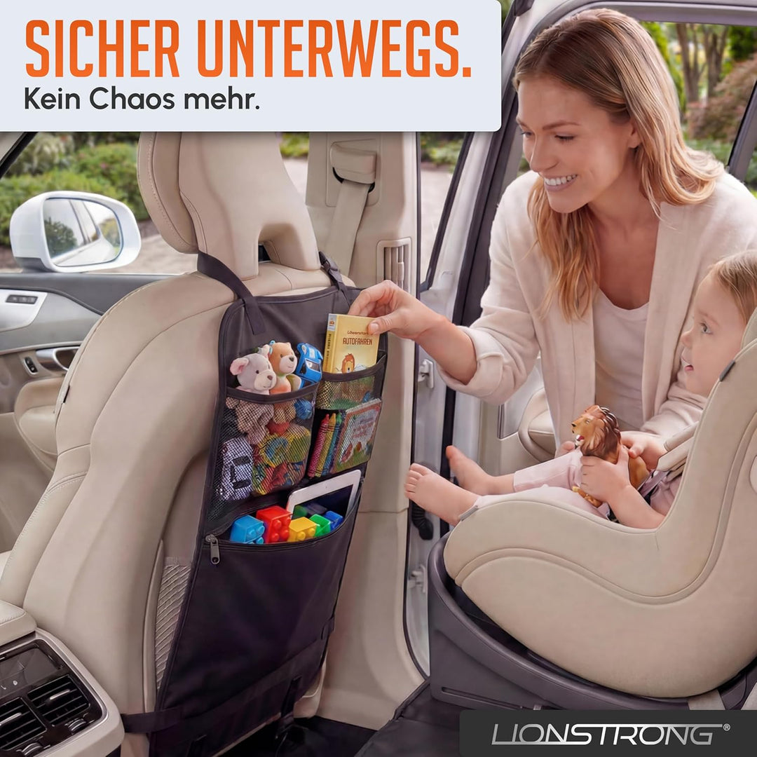LIONSTRONG® Auto Organizer Kinder Rücksitz schwarz [WASSERDICHT] - Rückenlehnenschutz Auto Kinder un
