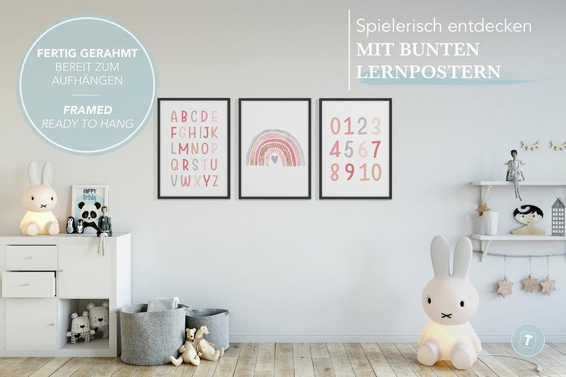 Papierschmiede® Kinderbilder 3er Set Lernposter, A4 gerahmt in Holzrahmen (schwarz), Geschenk für Mä