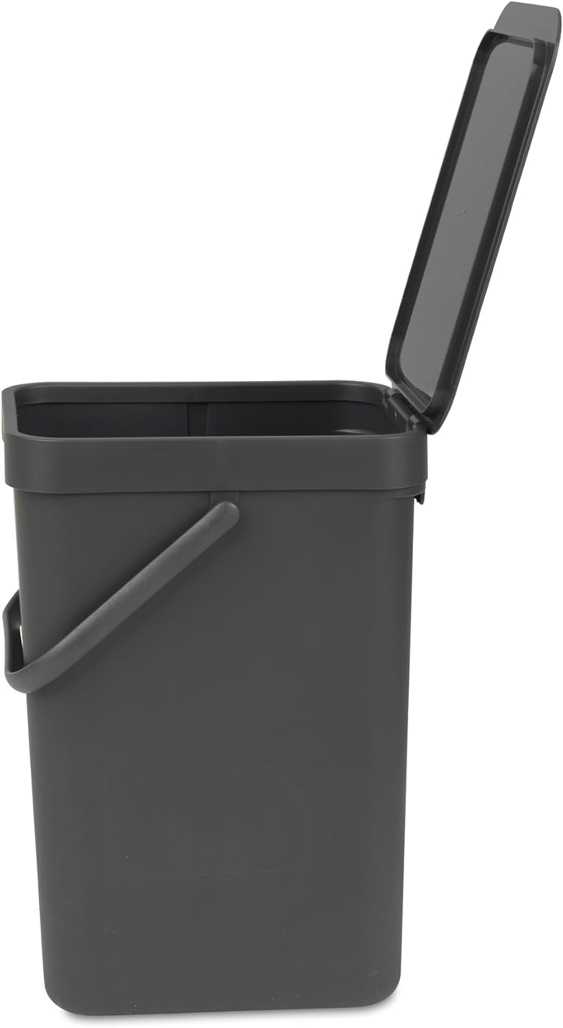 Brabantia Sort & Go Küchen-Recyclingbehälter (12 l/grau), stapelbarer Abfallbehälter mit Griff und a