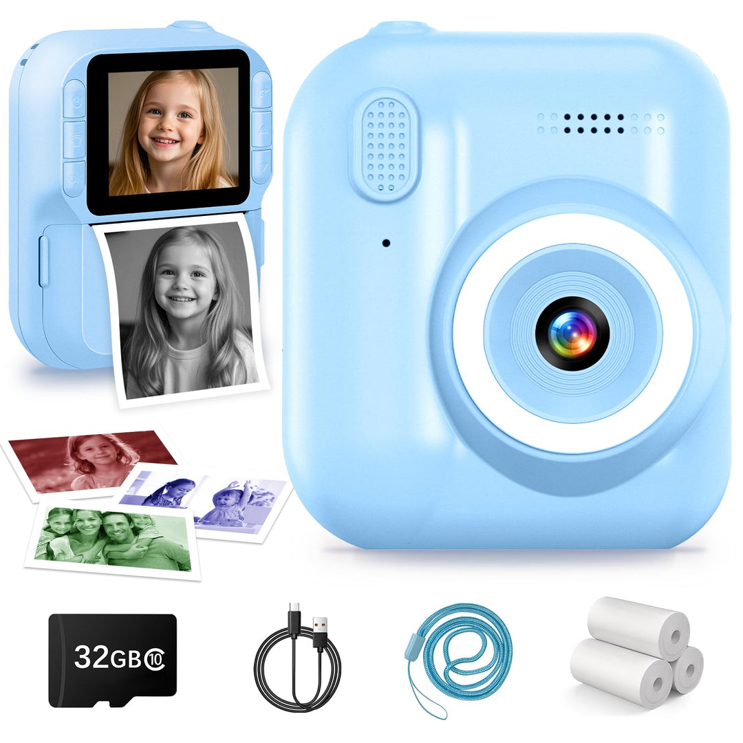 Kinderkamera Sofortbildkamera, 1080P Sofortbildkamera Kinder mit 32GB Karte & 3 Rollen Druckpapier,