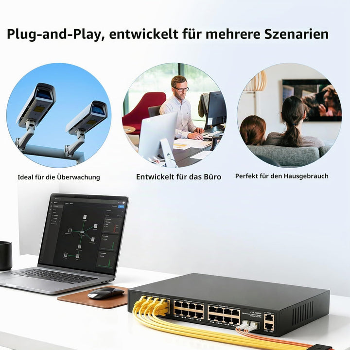 24-Port-POE-Switch, 2 Gigabit-Uplinks, 2 SFP-Steckplätze, IEEE 802.3af/at, 450 W Hochleistungsleistu