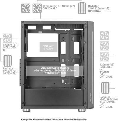 Mars Gaming MC-F Weiss, ATX Gaming Semitower, Vollvergütetes Glasfenster, Metal-Mesh Front, 4X 120mm