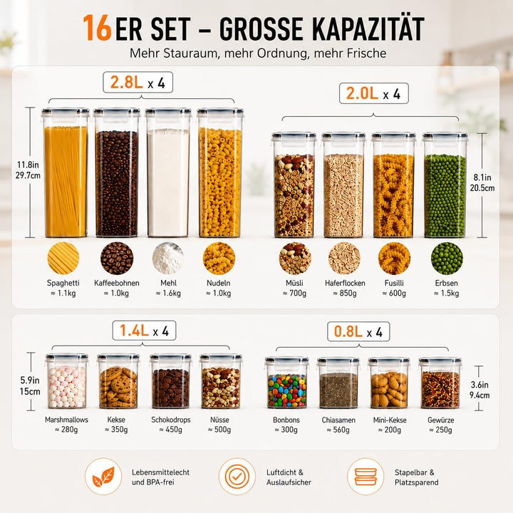 2.8L/30CM Küchen Vorratsdosen mit Deckel Luftdicht Gross 16er Set BPA Frei, aufbewahrungsbox mit dec