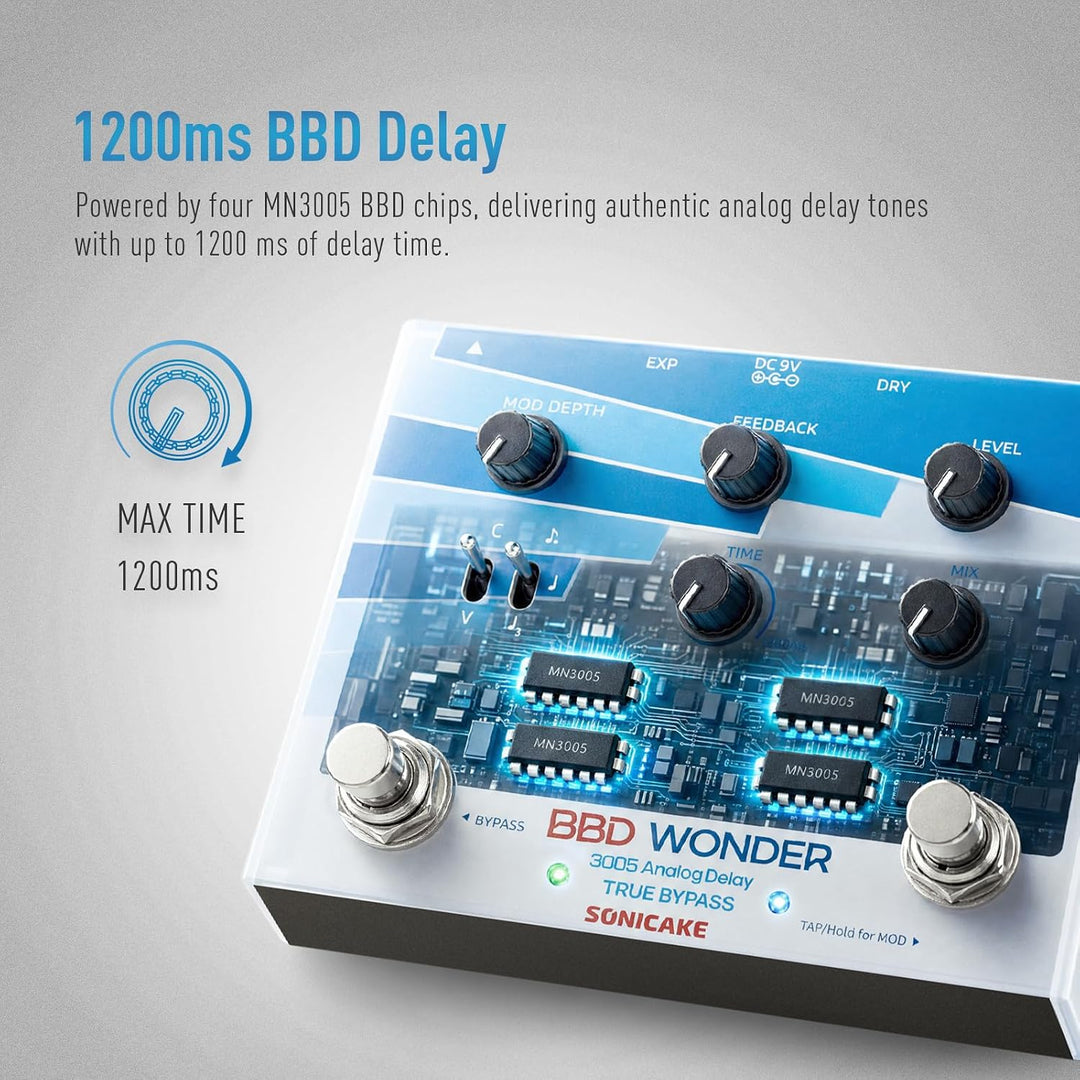 SONICAKE Analoges Delay und Modulation Pedal | mit Chorus, Vibrato, Tap Tempo, True Bypass BBD Wonde