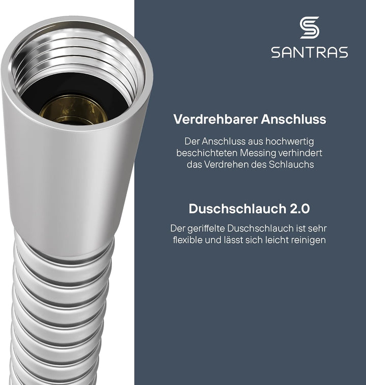 SANTRAS® Duschschlauch PREMIUM Velourchrom 2,00 m mit Durchflussbegrenzer – Besonders flexibler Brau