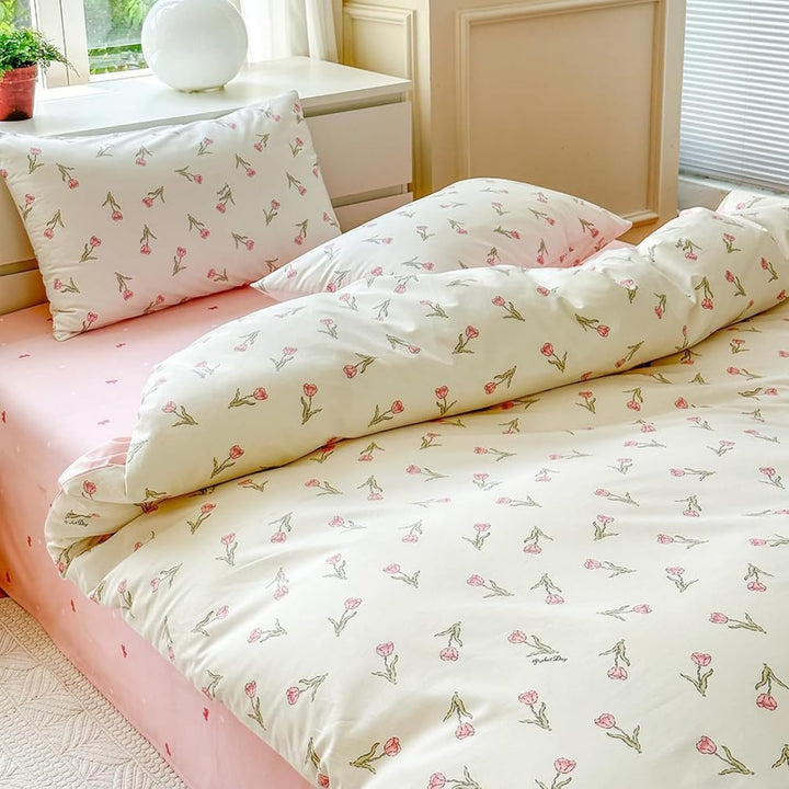 Baumwolle Bettwäsche Set 135x200cm 2teilig Weiss Rosa Grün Blumen Floral Bettwäsche Blumenmuster Mäd