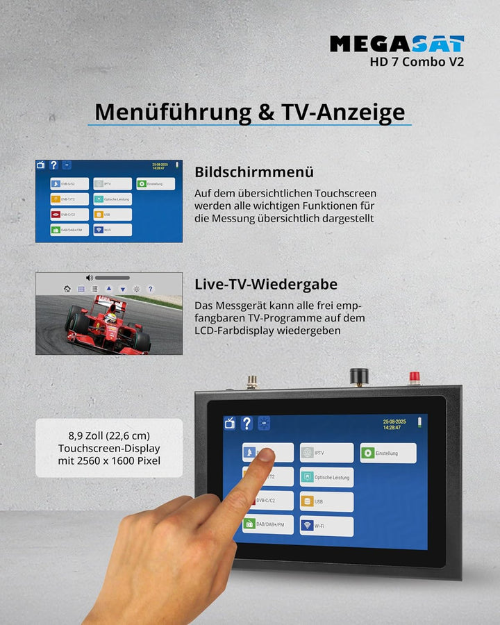 Megasat HD 7 Combo V2 – Messgerät (für DVB-S, DVB-S2, DVB-T, DVB-T2, DVB-C, DAB+, Live-TV Bild, Unic