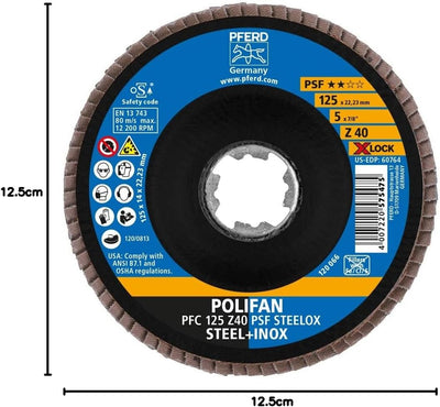 PFERD Fächerscheibe POLIFAN, 125mm, Z40, X-LOCK (22,23 mm), PSF STEELOX, 67664126 – für hohe Wirtsch