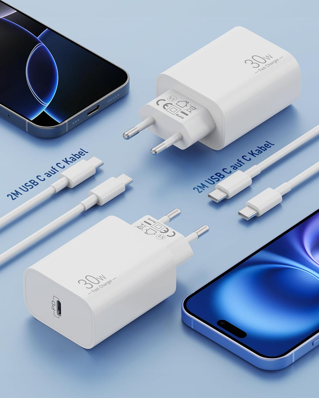 30W USB C Ladegerät mit 2M Ladekabel für iPhone 17e/17/16/16e/15 Pro Max, iPad Pro/Air, iPad 10/11/A